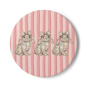 Bunny Ceramic Coaster - Pink Cottage Coffee Coaster, Patchwork Rabbit Decor, Spring Table Accent