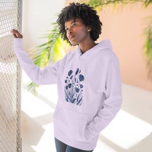 Monochrome Floral Fleece Hoodie | Cozy Unisex Pullover | Nature-Inspired Sweatshirt | Soft Casual Gift Under 25 image 5