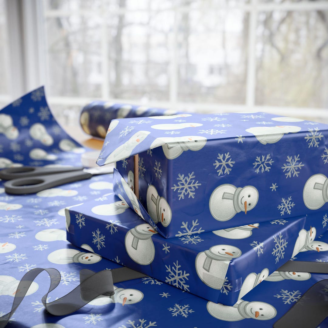 Snowman Pattern Wrapping Paper Blue Holiday Snowflake Gift Wrap Etsy