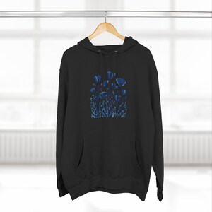 Monochrome Floral Fleece Hoodie | Cozy Unisex Pullover | Nature-Inspired Sweatshirt | Soft Casual Gift Under 25 image 4