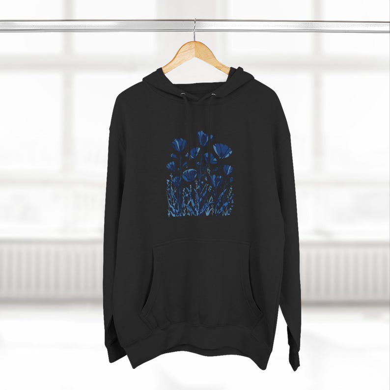 Monochrome Floral Fleece Hoodie | Cozy Unisex Pullover | Nature-Inspired Sweatshirt | Soft Casual Gift Under 25 image 4