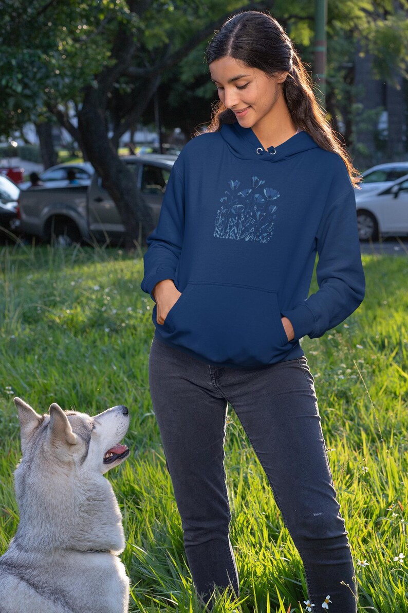 Monochrome Floral Fleece Hoodie | Cozy Unisex Pullover | Nature-Inspired Sweatshirt | Soft Casual Gift Under 25 image 1