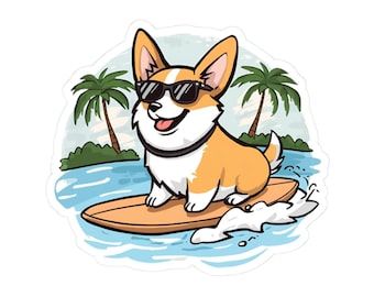 Surfing Corgi Sticker | Kiss-Cut Vinyl Sticker, Beach Dog Design