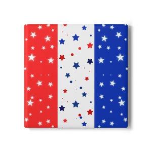 May include: Square decorative item with a patriotic design. The item is divided into three vertical sections: red, white, and blue. The red and blue sections are covered in white stars, while the white section has red and blue stars.
