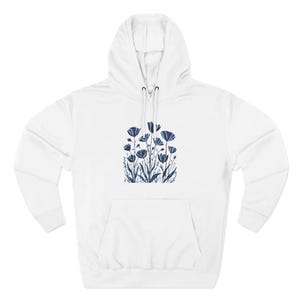 Monochrome Floral Fleece Hoodie | Cozy Unisex Pullover | Nature-Inspired Sweatshirt | Soft Casual Gift Under 25 image 2
