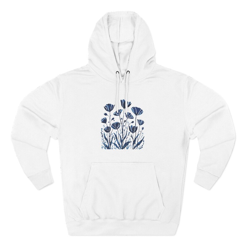 Monochrome Floral Fleece Hoodie | Cozy Unisex Pullover | Nature-Inspired Sweatshirt | Soft Casual Gift Under 25 image 2