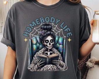 Gothic Reading Skeleton Tee, Spooky Introvert, Cozy Bookish Halloween Shirt, Dark Academia & Book Lover Gift, Comfort Colors, Graphic Tee
