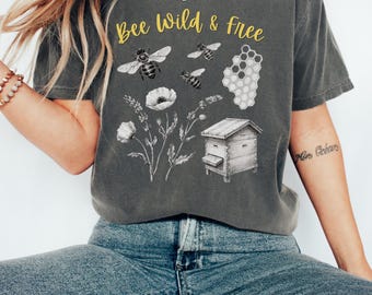 Koszulka Bee Wild Free, koszulka w stylu vintage Wildflower Comfort Colors, koszulka Cottagecore Nature Lover, prezent dla pszczelarza, koszulka z ogrodem botanicznym Save The Bees