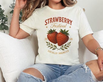 Jordgubbsfestival-tröja Vintage jordgubbs-T-shirt fruktgrafik Sommarfestivaltopp Bondens marknad-T-shirt Retro trädgård estetisk gåva