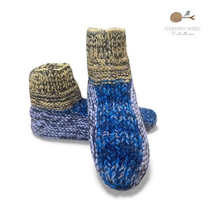 Knitted Slipper Socks, Yellow, Blue & Brown