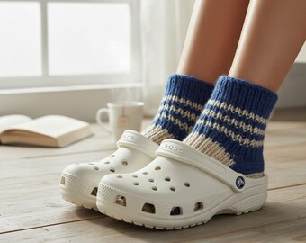 Hand Knitted Slippers | Blue and Beige | Upcycled Wool | Made in Ukraine