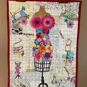 Quilted collage wall hanging, Laura Heine Dress form collage, fabric collage, quilted artwork, fusible art, appliqued wall art, home decor