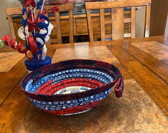 Decorative fabric basket, fabric bowl, Jelly Roll basket, Jelly Roll bowl, 4th of July decoration, Patriotic fabric bowl, handcrafted basket