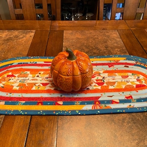 Jelly roll table runner, hand crafted table runner, 11.5 x 29 inch table runner, pumpkin fabric table runner, autumn table runner