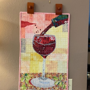 Quilted collage wall hanging, Laura Heine Vino collage, fabric collage, quilted artwork, fusible art, small wall hanging, appliqued wall art