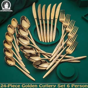 65 Gramm Premium 24-teiliges goldenes Besteckset für 6 Personen Edelstahlbesteck Geschirr Gabeln Löffel Messer Tischset Luxusgeschirr