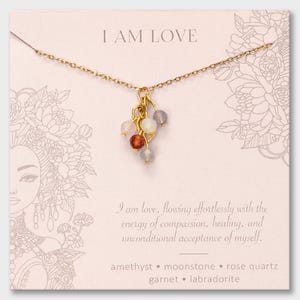I Am Love Necklace – Rose Quartz, Amethyst, Moonstone – Crystal Jewelry for Self-Love, Heart Healing Stones, Emotional Balance, Gift for Her