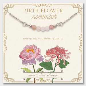 November Birth Flower Necklace – Dainty Crystal Necklace Inspired by Birth Flowers Peony and Chrysanthemum, Rose Quartz, Gift for her