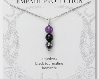 Empath Necklace – Amethyst, Hematite & Tourmaline Pendant for Energy Protection, Grounding Gift for Women, Protection Jewelry