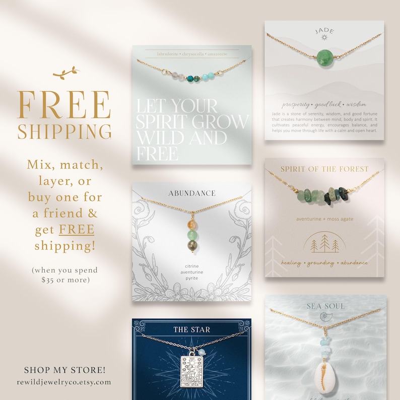 May include: Six gold-tone chain necklaces displayed on individual cards. The necklaces feature various gemstone beads including jade, aventurine, moss agate, citrine, and pyrite, along with a silver-tone tarot card pendant and a white seashell charm.