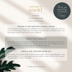 May include: An informational graphic for rewild jewelry featuring text sections titled Welcome to rewild, Where is the jewelry coming from, What can I expect, and What's the jewelry made of. The design includes a dark circle with white text and a green leaf.
