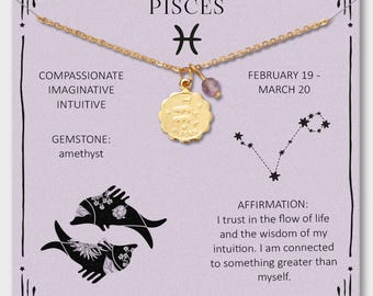 Pisces Necklace – Zodiac Constellation Necklace with Tiny Amethyst Crystal for Pisces, Star Sign, Astrology Jewelry, Pisces Gift for Her