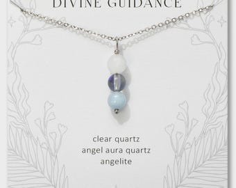 Divine Necklace – Angel Aura, Angelite, and Clear Quartz Necklace for Guidance and Spiritual Connection, Spiritual Jewelry for Her