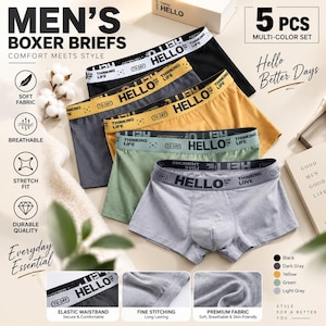 May include: A set of five boxer briefs in black, dark grey, yellow, green, and light grey. Each pair features an elastic waistband with the text HELLO, THINKING LIFE, and TO:DAY printed repeatedly. The set includes five pieces total.