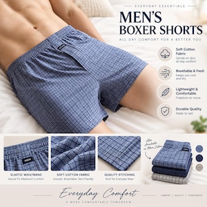 Puede incluir: Bóxers de cuadros azules con cintura elástica y una etiqueta negra con la palabra MEN. La tela es de algodón suave con costuras visibles. El gráfico incluye texto como EVERYDAY ESSENTIALS, MEN'S BOXER SHORTS y Everyday Comfort.