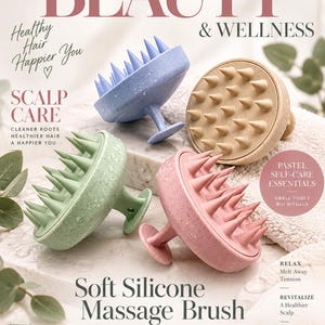 May include: Four round scalp massage brushes in pastel blue, beige, sage green, and dusty pink. Each brush features a circular handle and numerous flexible silicone bristles designed for scalp care. The text reads Beauty & Wellness, Soft Silicone Massage Brush, and other wellness-related phrases.