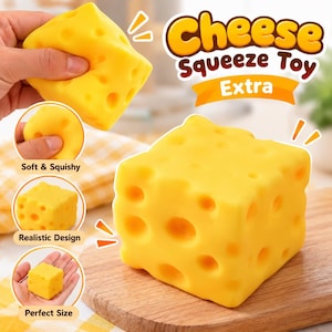 Peut inclure: Un jouet à presser en forme de cube de fromage jaune vif avec de multiples indentations circulaires. L'image inclut le texte Cheese Squeeze Toy Extra, Soft & Squishy, Realistic Design et Perfect Size, montrant le jouet compressé.