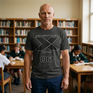 以下が含まれることがあります： チャコールグレーの半袖Tシャツ。胸の中央に「GENERATION X」、「V1.0 (Beta)」、そして数字の「1961」というテキストが、すっきりとしたモダンなフォントで白くプリントされたグラフィックデザインが施されています。