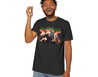 May include: A dark heather grey t-shirt with a graphic print of a woman sitting on a tank with the text "Don't Panic!" in green.