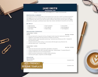 Modello di curriculum per dirigenti con intestazione blu, ATS, Word amichevole, Google Docs, CV aziendale, curriculum professionale moderno, modello da 1 pagina a 2 pagine