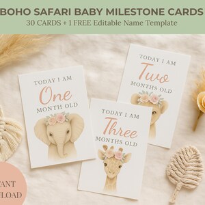 Cartões de marcos para bebês Boho Safari – Decoração de quarto de bebê na selva – 30 cartões de 5x7 para impressão para o primeiro ano do bebê Safari para meninas
