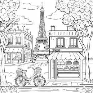 Paris Coloring Pages for Kids – Set of 20 Cute Printable Scenes – Eiffel Tower, Bakery, Bike & Trees – Fun France Activity