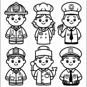 Könnte beinhalten: Schwarz-Weiß-Cartoon-Illustrationen von sechs verschiedenen Berufen: einem Feuerwehrmann, einem Koch und vier Polizisten. Jede Figur lächelt und trägt die passende Uniform und Mütze für ihren Beruf. Die Illustrationen sind einfach und kindlich.
