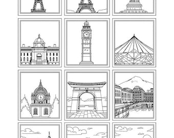 Könnte beinhalten: Neun Schwarz-Weiß-Illustrationen berühmter Wahrzeichen, darunter der Eiffelturm, die Freiheitsstatue und Big Ben. Jedes Bild ist in einem weißen Rechteck gerahmt, wodurch eine rasterartige Komposition entsteht.