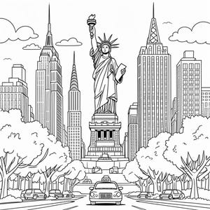 New York City Coloring Page for Kids – Fun Printable NYC Landmark Scene with Taxi, Skyscrapers & Statue of Liberty