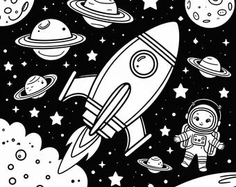 Könnte beinhalten: Schwarz-Weiß-Illustration einer Rakete, umgeben von Planeten, Sternen und einem Astronauten. Der Cartoon-Stil eignet sich gut für Kinderprodukte.
