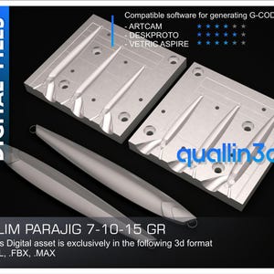 Könnte beinhalten: Bild von digitalen Dateien mit einem 3D-Rendering eines Slim Parajig. Das Bild enthält zwei graue Formen und drei silberne Jig-Modelle. Text auf dem Bild weist auf die Kompatibilität mit Software zur G-CODE-Generierung hin.