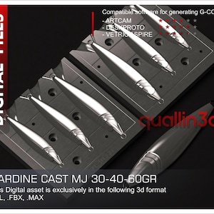 Può includere: Immagine di file digitali con oggetti argentati a forma di sardina disposti su piattaforme grigie. Il testo indica la compatibilità con il software G-CODE e i formati di file STL, FBX e MAX. È presente anche il testo "SARDINE CAST MJ 30-40-60GR".