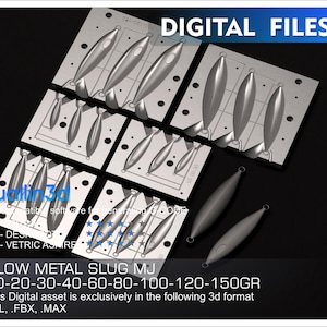 May include: A collection of silver-colored metal molds for fishing lures, with the text "DIGITAL FILES" at the top. The text "SLOW METAL SLUG MJ" and weight measurements are also visible. The image includes the text "quantin 3d".