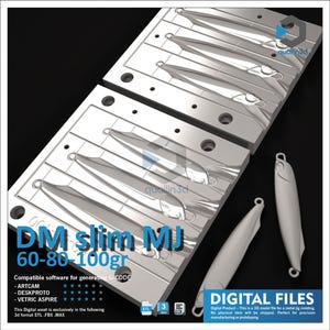 Op de afbeelding: Een zilveren metalen jig-mal met meerdere holtes, samen met twee losse jig-modellen. De mal is gemarkeerd met "DM slim MJ 60-80-100gr". De afbeelding bevat ook tekst die de compatibiliteit met software voor het genereren van G-CODE aangeeft.