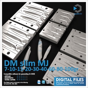 May include: A collection of silver-colored metal jig molds and 3D-printed jig models. The text "DM slim MJ 7-10-15-20-30-40-60-80-100gr" is displayed. The image also includes the text "DIGITAL FILES".