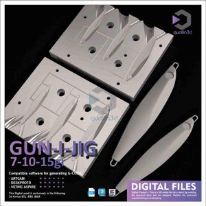 Puede incluir: Un archivo digital para un molde de plantilla metálica. La imagen muestra un molde metálico gris con el texto "GUN-I-JIG 7-10-15g". El archivo es compatible con software para generar G-CODE. El producto digital es para fabricación de precisión o prototipado.