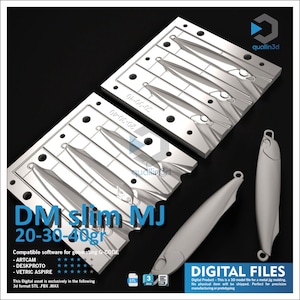 Może przedstawiać: Plik cyfrowy do formy do metalowego jig, z dwiema srebrnymi płytami formy i dwoma modelami jig. Widoczny jest tekst "DM slim MJ 20-30-40gr", a także informacje o kompatybilności oprogramowania i "PLIKI CYFROWE".