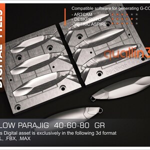 Puede incluir: Archivo digital de slow parajigs en formato 3D. La imagen muestra varios moldes de jig de color plateado y jigs individuales. El texto en la imagen dice "SLOW PARAJIG 40-60-80 GR" y enumera el software compatible.