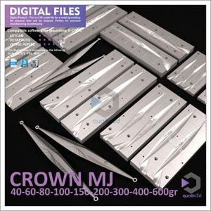 Può includere: Una collezione di stampi per maschere in metallo argentato, con una varietà di dimensioni e forme, disposti su una superficie scura. L'immagine include il testo "DIGITAL FILES" e "CROWN MJ" con misure di peso in grammi.