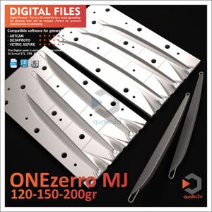 Puede incluir: Modelo 3D digital para moldeo de plantillas metálicas. La imagen muestra un molde de metal plateado con tres cavidades y tres plantillas metálicas separadas. El texto "ONEzerro MJ 120-150-200gr" es visible. Compatible con Artcam y Deskproto.